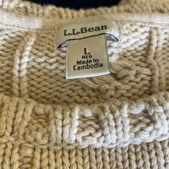 LL Bean Cable Knit Sweater Women's L Cream Cotton Fisherman Crew Neck Classic - Picture 5 of 6
